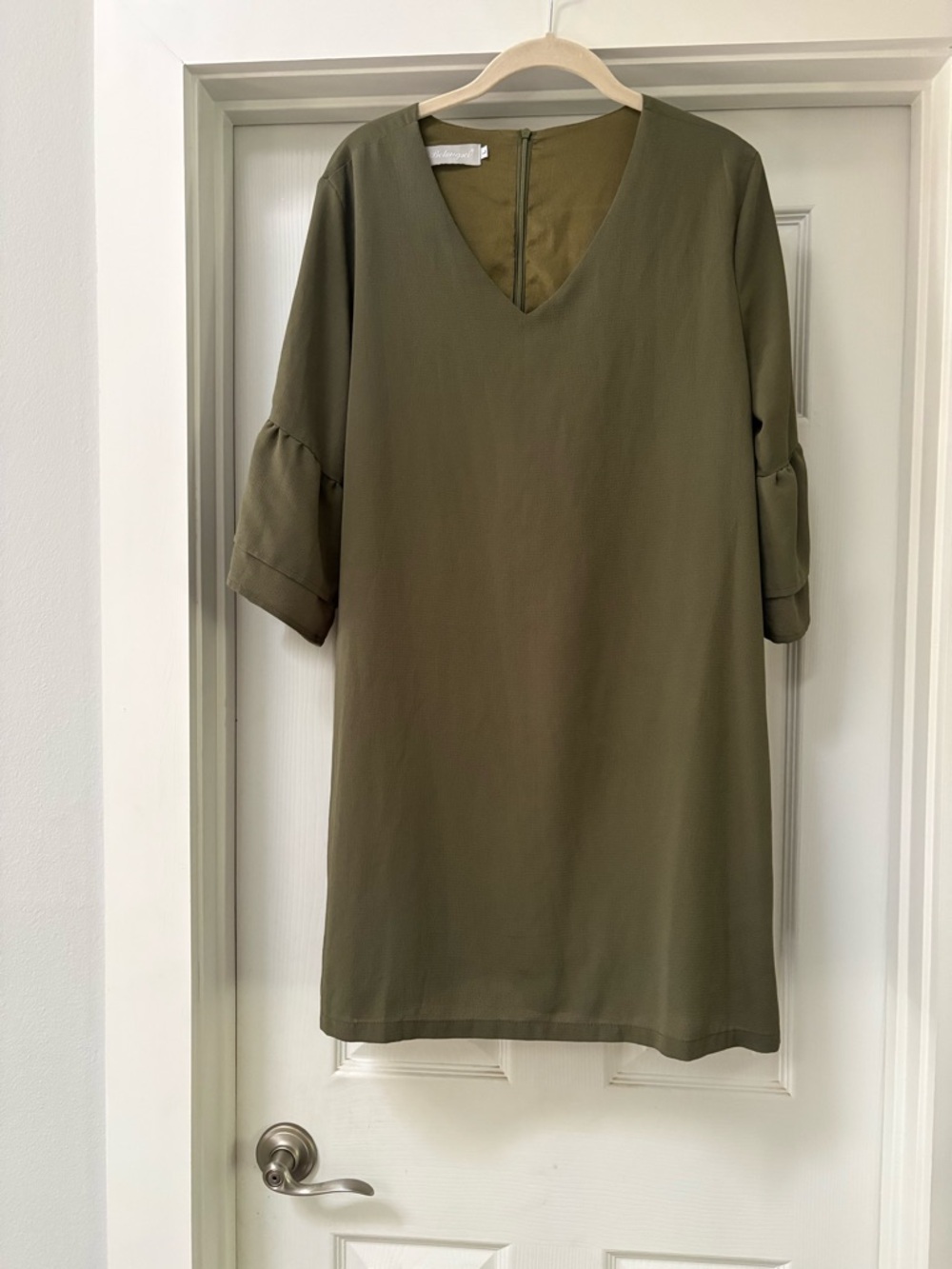 Classic Olive V-Neck Midi Dress with Tabbed Sleeves